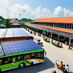 **

Prompt: "A vibrant Thai market scene. Solar panels are subtly integrated into the market roof structures, powering lights and fans. People are shopping with reusable bags. In the background, modern electric buses pass by, showcasing a blend of traditional Thai culture and sustainable technology. The overall feel is optimistic and forward-thinking, emphasizing a 'green' future for Thailand."

**