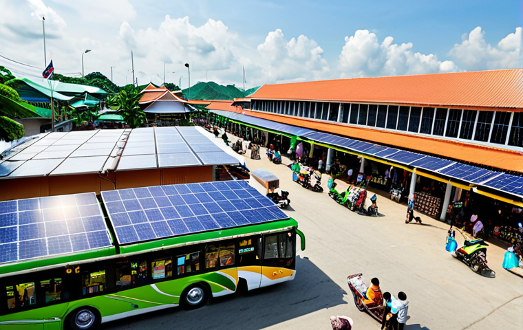 **

Prompt: "A vibrant Thai market scene. Solar panels are subtly integrated into the market roof structures, powering lights and fans. People are shopping with reusable bags. In the background, modern electric buses pass by, showcasing a blend of traditional Thai culture and sustainable technology. The overall feel is optimistic and forward-thinking, emphasizing a 'green' future for Thailand."

**