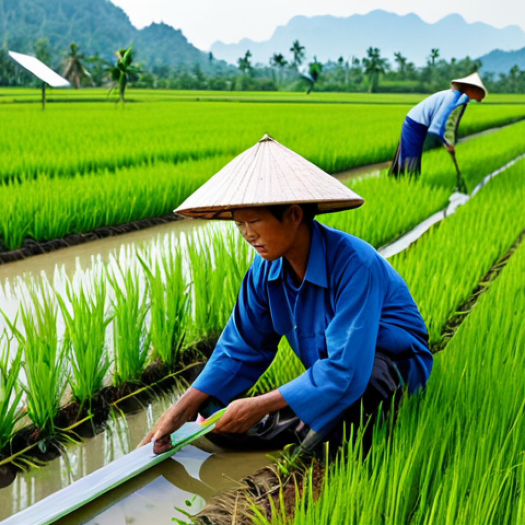 Sustainable Farming in Thailand** "A Thai farmer in traditional clothing, working in a lush, green rice paddy field, implementing sustainable farming techniques, surrounded by solar panels powering irrigation, fully clothed, appropriate attire, safe for work, perfect anatomy, natural proportions, professional photography, promoting eco-friendly agriculture in Thailand." **