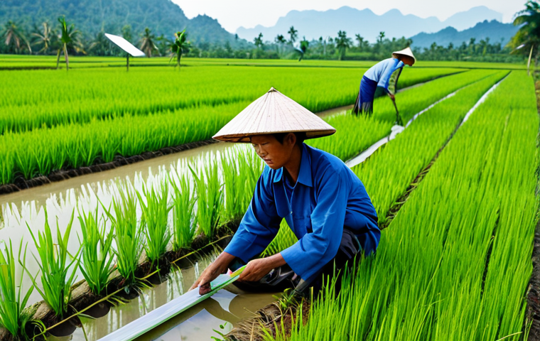 Sustainable Farming in Thailand** "A Thai farmer in traditional clothing, working in a lush, green rice paddy field, implementing sustainable farming techniques, surrounded by solar panels powering irrigation, fully clothed, appropriate attire, safe for work, perfect anatomy, natural proportions, professional photography, promoting eco-friendly agriculture in Thailand." **