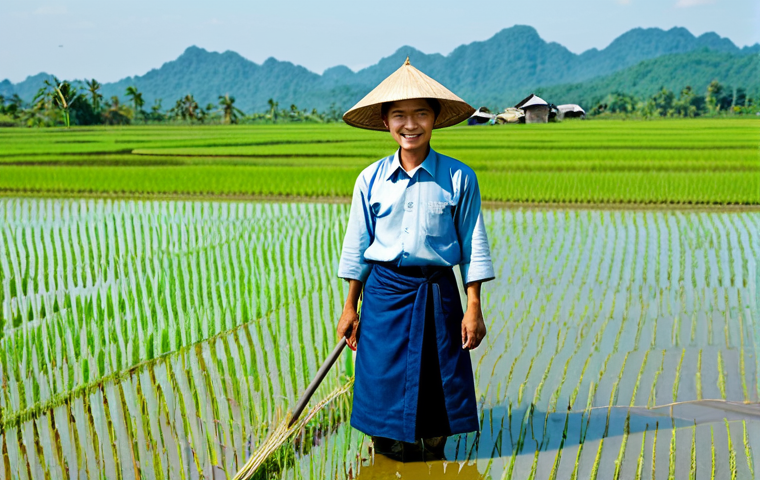 탄소예산 기반의 국제 협력 모델 개발 - Sustainable Agriculture in Thailand** "A Thai farmer in traditional clothing, working in a rice pad...