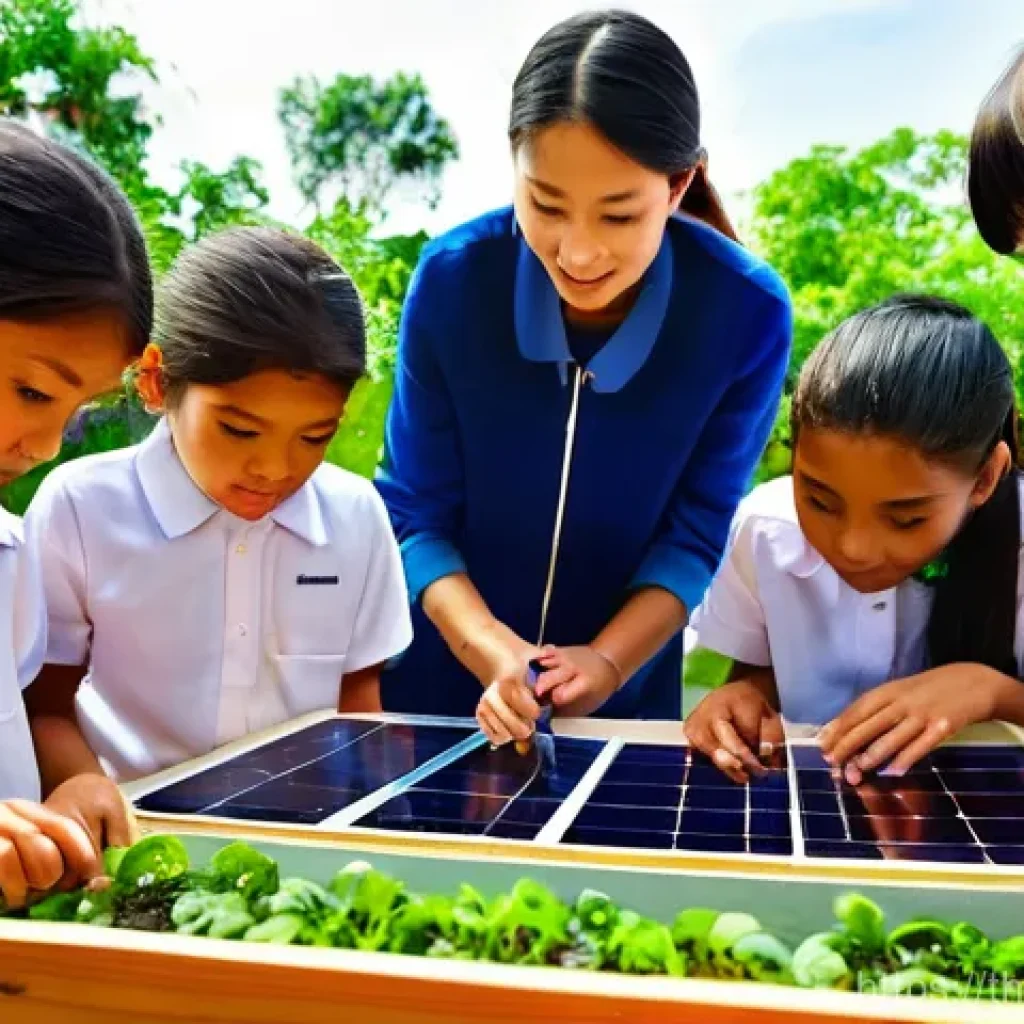탄소예산을 활용한 환경 교육 프로그램 - **Green School Innovation:** A brightly lit, modern Thai school classroom or outdoor learning space ...