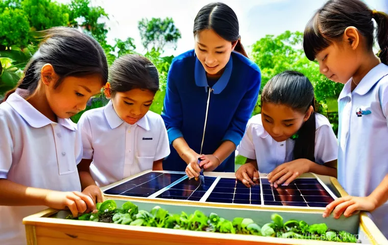 탄소예산을 활용한 환경 교육 프로그램 - **Green School Innovation:** A brightly lit, modern Thai school classroom or outdoor learning space ...