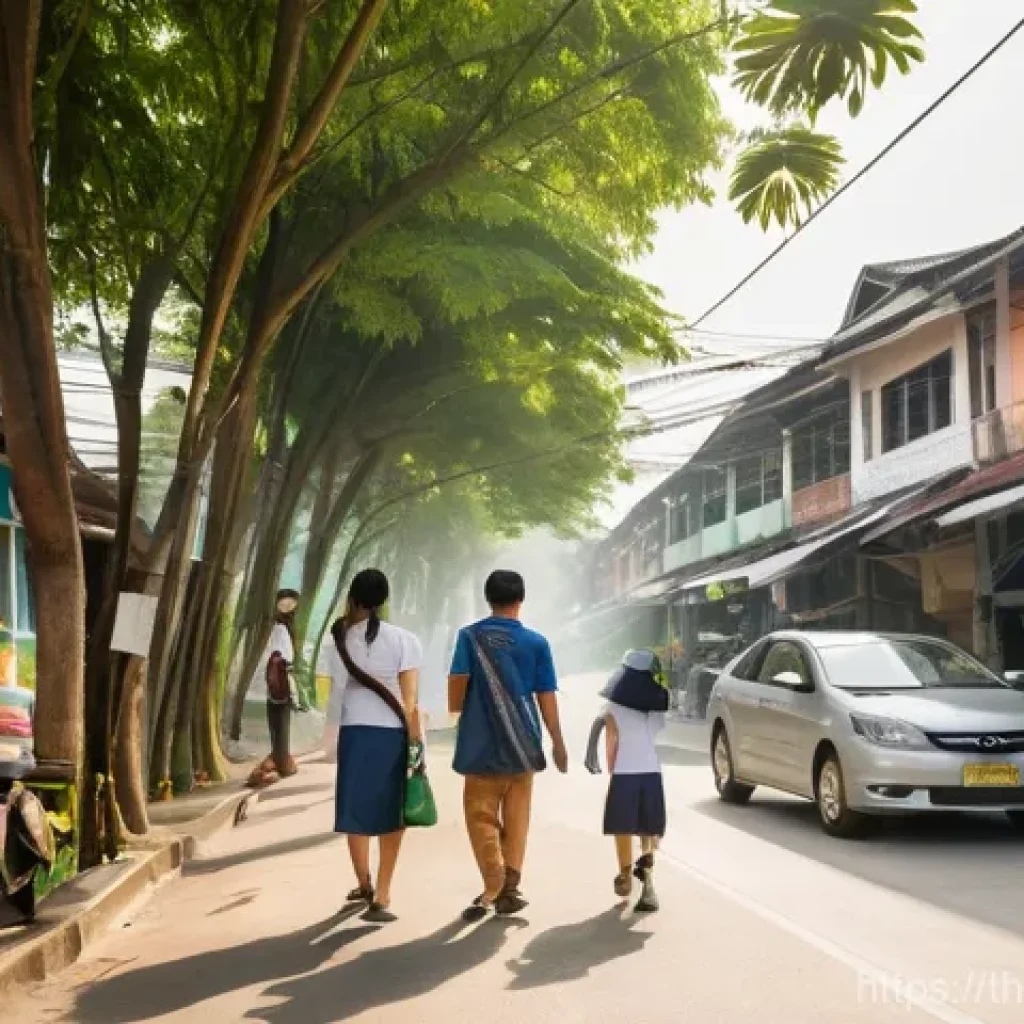 탄소예산 관리에 대한 공공의 신뢰 구축 방법 - **Prompt:** A bustling street scene in a vibrant, modern Thai city, subtly showcasing both environme...