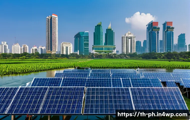 탄소예산 정책의 장기적 효과 분석 - **"Green Energy Harmony in Thailand"** A panoramic, high-angle shot capturing a vast floating so...