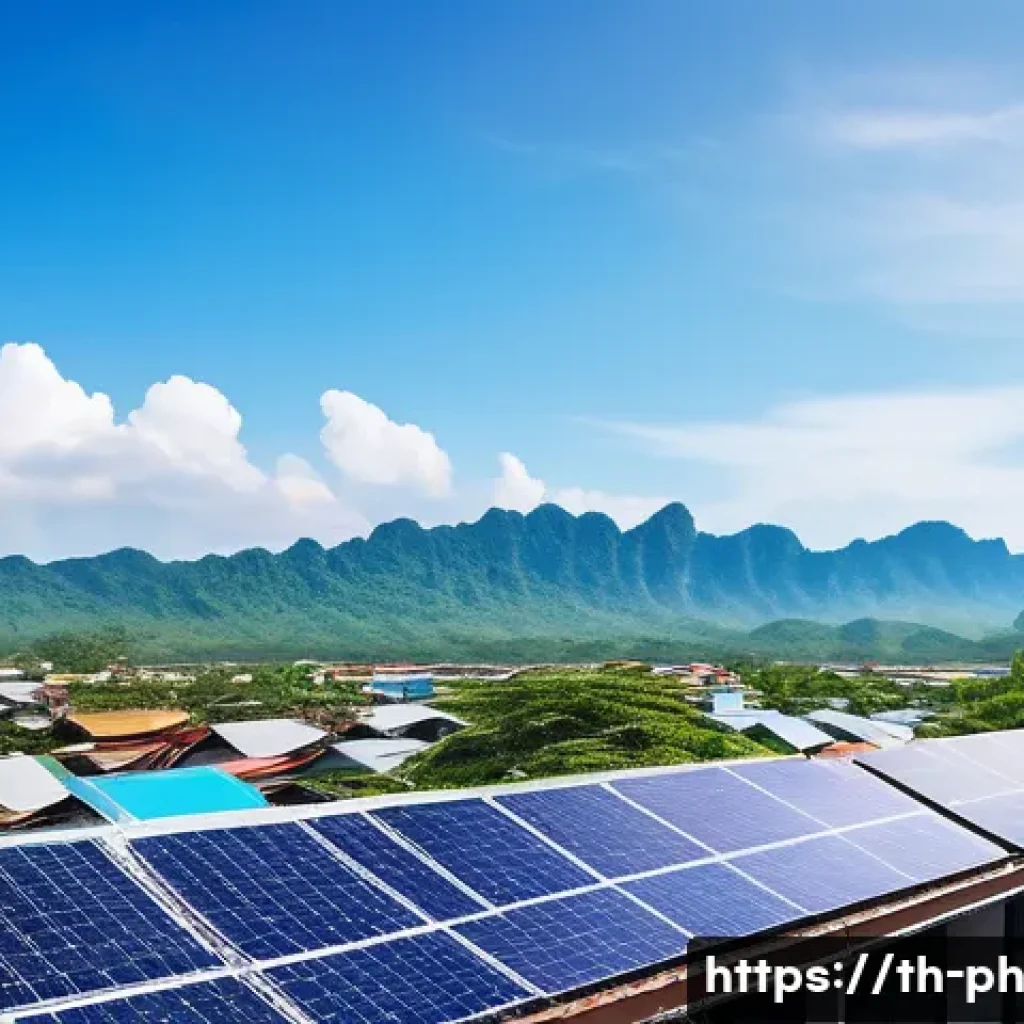 탄소예산과 산업 전환의 필요성 - A vibrant rooftop solar panel installation scene in a typical Thai urban neighborhood during a sunny...