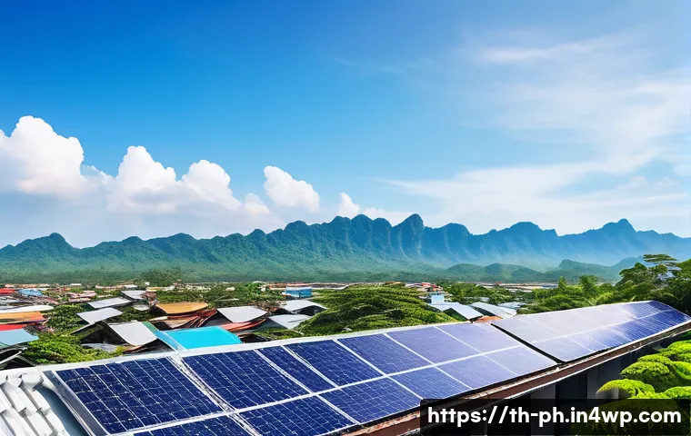 탄소예산과 산업 전환의 필요성 - A vibrant rooftop solar panel installation scene in a typical Thai urban neighborhood during a sunny...
