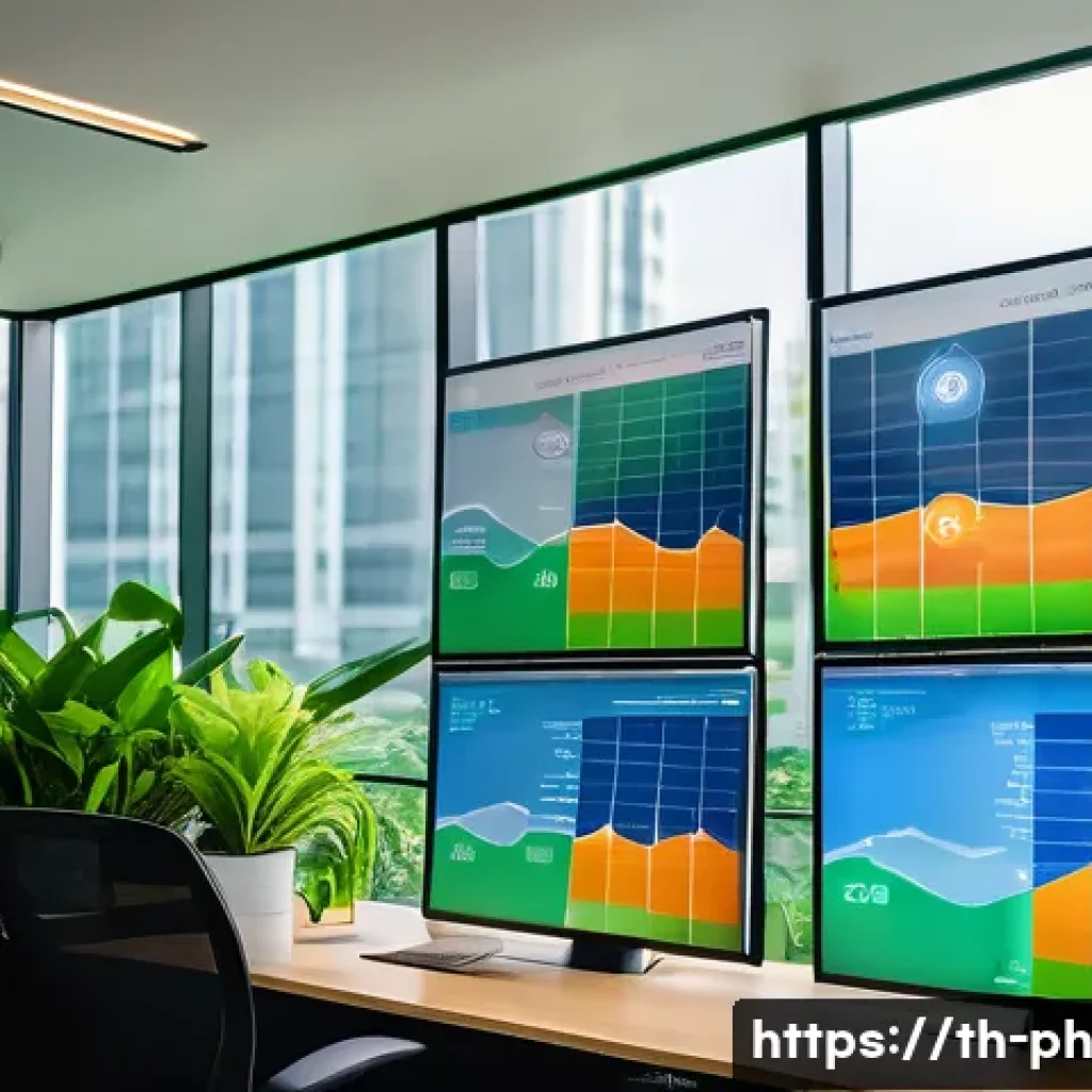 탄소예산을 통한 기후 변화 적응 전략 - A modern Thai office building interior showing a smart energy management system with digital real-ti...