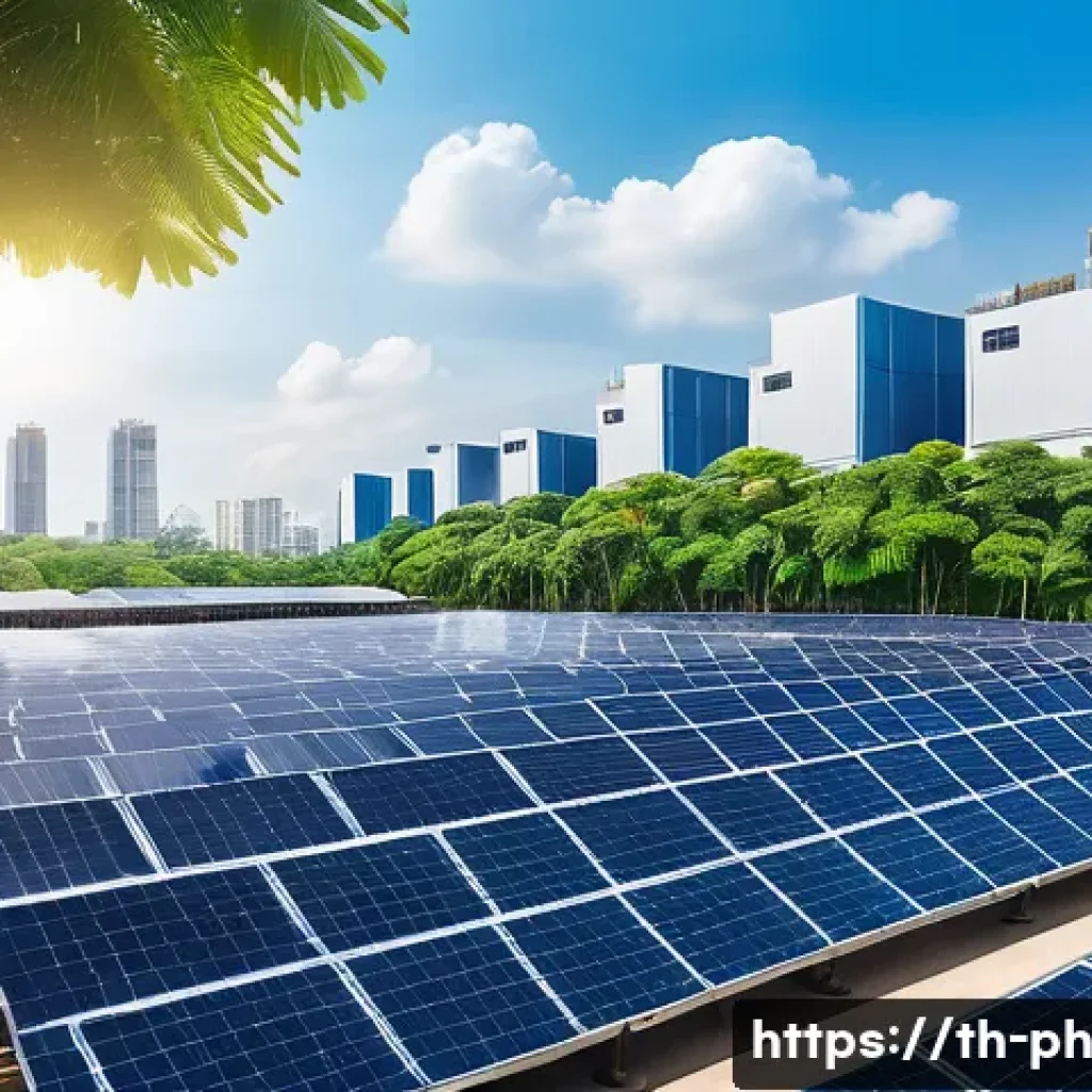 탄소예산 설계의 경제적 분석 및 평가 - A modern Thai industrial factory rooftop covered with sleek solar panels under a bright blue sky, wo...