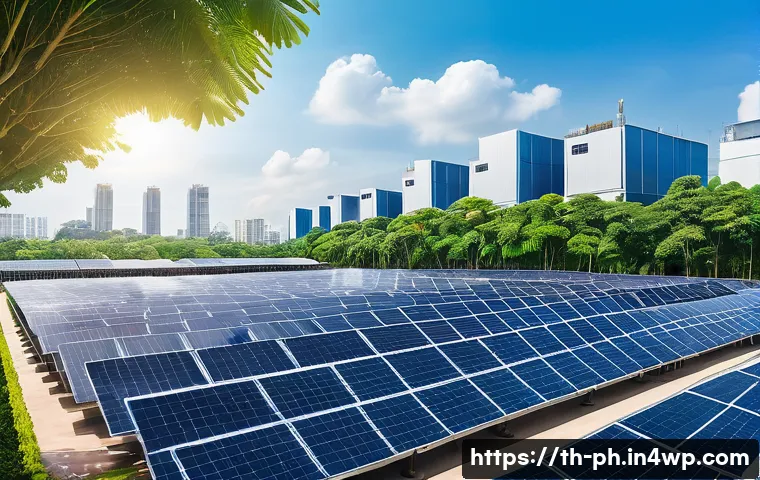 탄소예산 설계의 경제적 분석 및 평가 - A modern Thai industrial factory rooftop covered with sleek solar panels under a bright blue sky, wo...