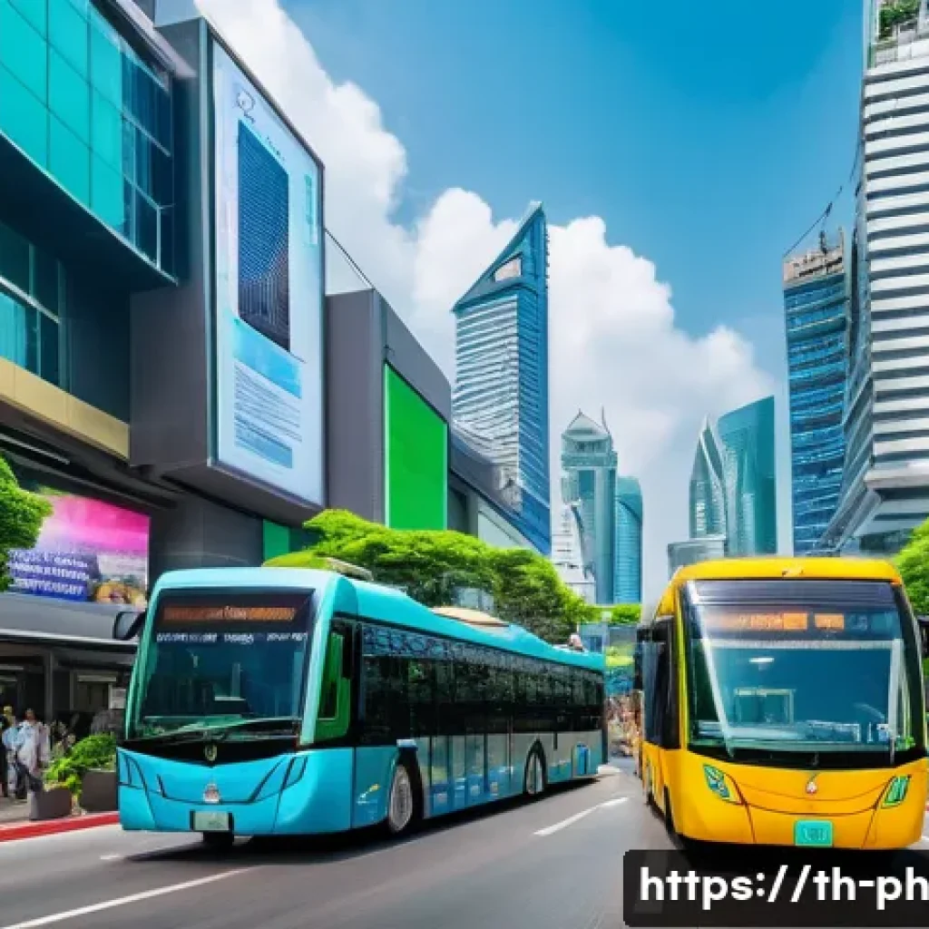 탄소예산의 글로벌 사례 및 인사이트 - A vibrant urban scene in Bangkok showcasing a futuristic carbon trading market, with diverse Thai bu...