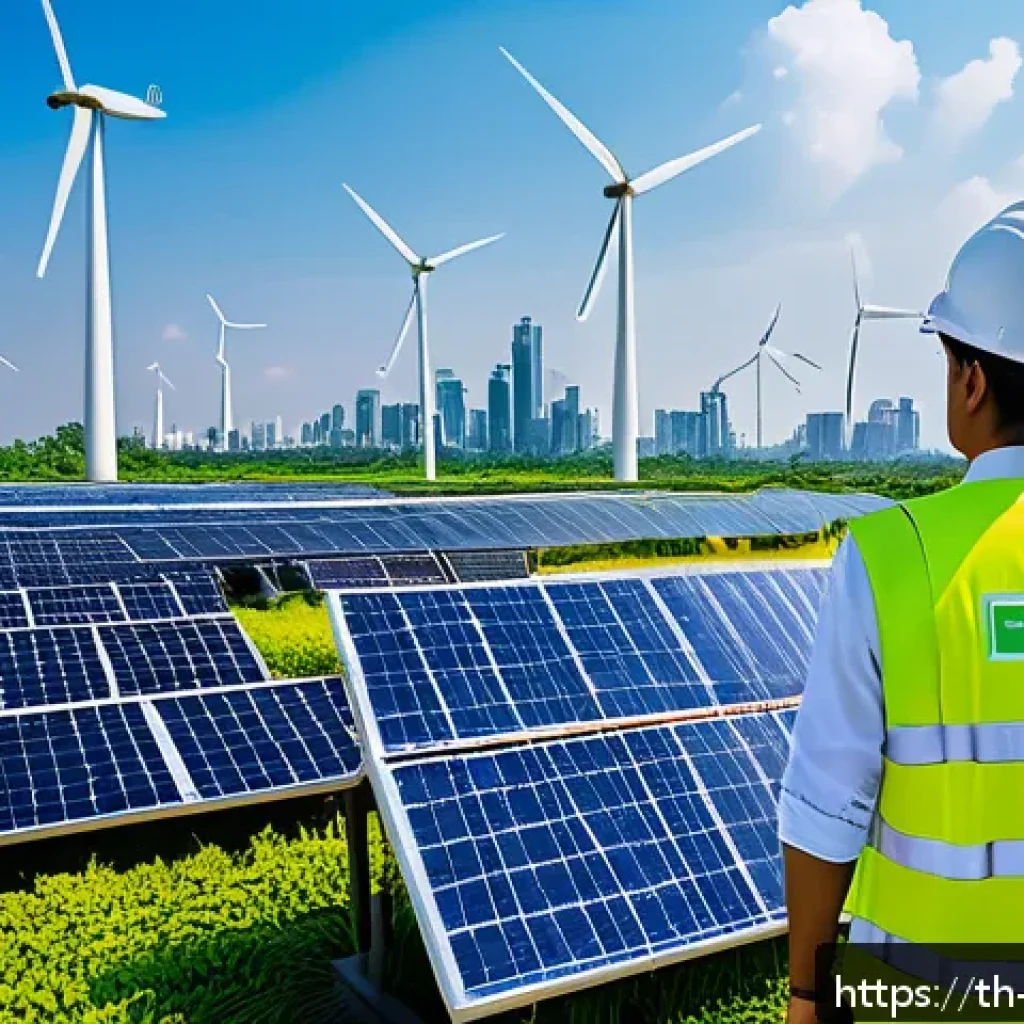 탄소세와 탄소예산의 관계 - A detailed urban scene in Bangkok showing a modern clean energy power plant with solar panels and wi...