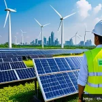 탄소세와 탄소예산의 관계 - A detailed urban scene in Bangkok showing a modern clean energy power plant with solar panels and wi...