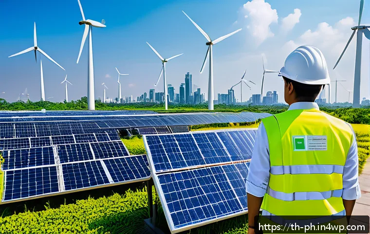 탄소세와 탄소예산의 관계 - A detailed urban scene in Bangkok showing a modern clean energy power plant with solar panels and wi...