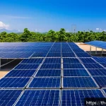 탄소예산과 친환경 기술 혁신의 관계 - A modern Thai factory rooftop covered with advanced high-efficiency solar panels under a bright blue...