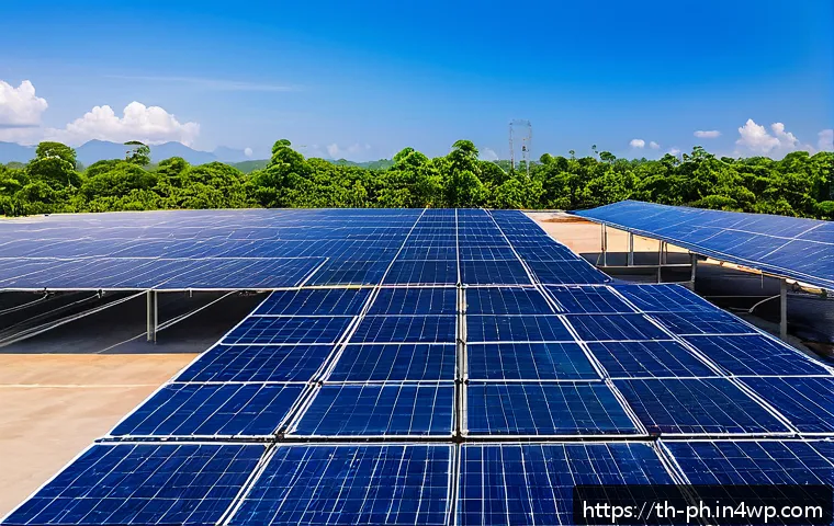 탄소예산과 친환경 기술 혁신의 관계 - A modern Thai factory rooftop covered with advanced high-efficiency solar panels under a bright blue...