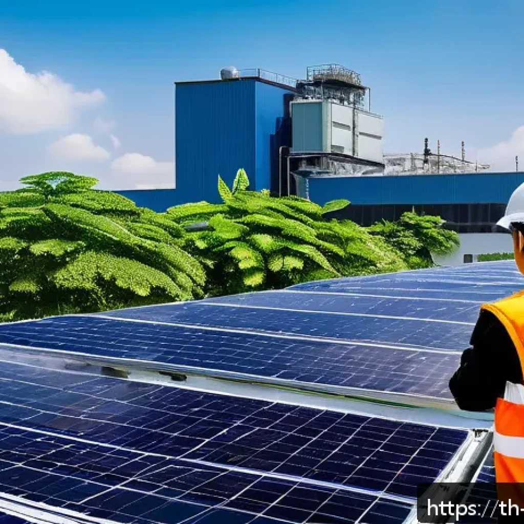 탄소예산 기반의 환경 정책 혁신 사례 - A modern Thai industrial factory scene showcasing advanced green technology: smart energy management...