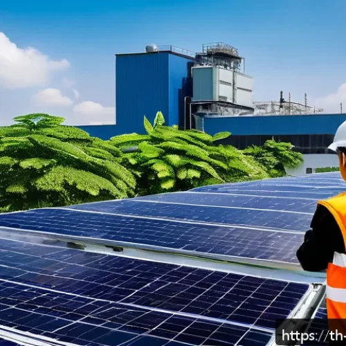 탄소예산 기반의 환경 정책 혁신 사례 - A modern Thai industrial factory scene showcasing advanced green technology: smart energy management...