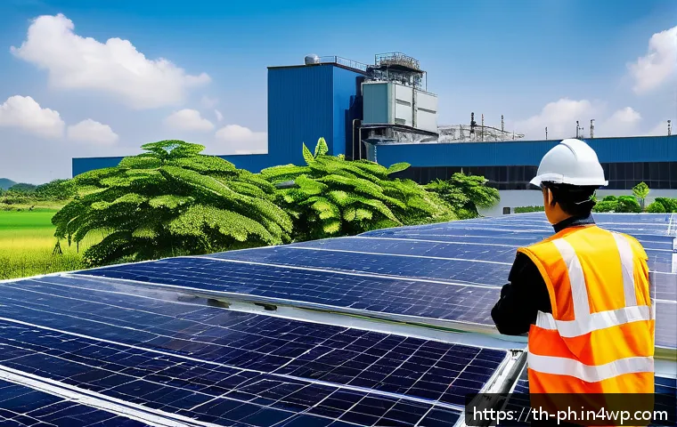 탄소예산 기반의 환경 정책 혁신 사례 - A modern Thai industrial factory scene showcasing advanced green technology: smart energy management...