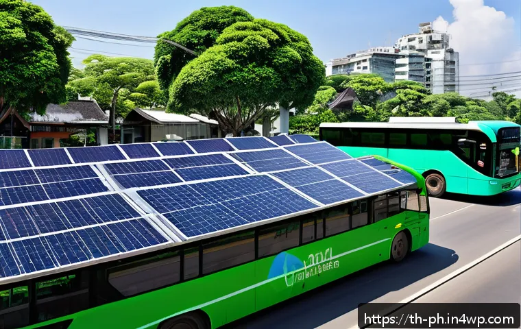 탄소예산 기반의 기후 변화 정책 동향 - A vibrant urban scene in Bangkok showcasing advanced renewable energy integration: solar panels on r...