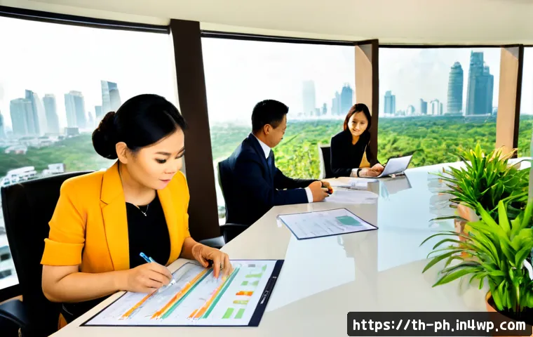 Home 17 탄소예산과 기업의 지속 가능성 전략 - Photorealistic Thai corporate sustainability meeting in a modern Bangkok office, diverse Thai execut...