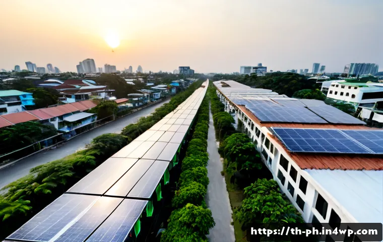 탄소예산과 사회적 형평성 문제 - Photorealistic Bangkok neighborhood at dawn, a clear visual contrast between modern energy-efficient...