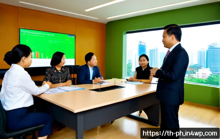탄소예산을 통한 기업의 환경적 책임 증대 - Photorealistic Thai corporate sustainability meeting in a bright modern Bangkok office, diverse Thai...
