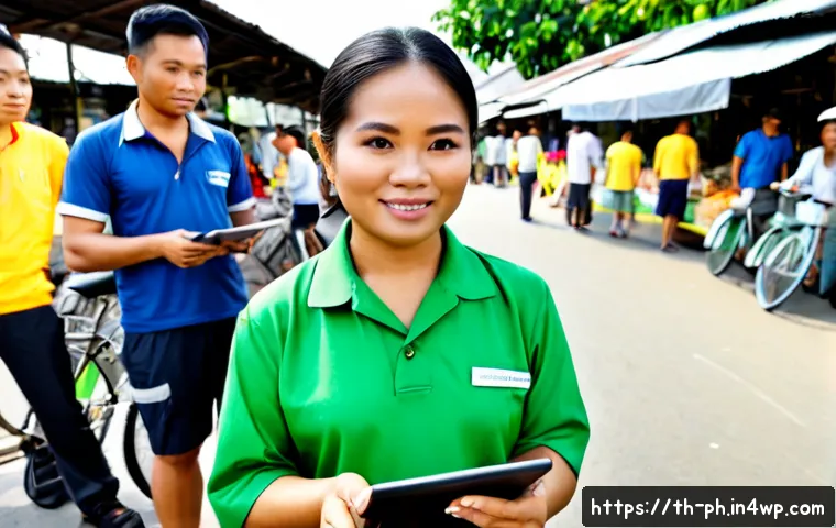 탄소예산 관리에 대한 공공의 인식 조사 - Photorealistic public awareness survey scene in Bangkok, Thailand: a friendly Thai municipal worker ...